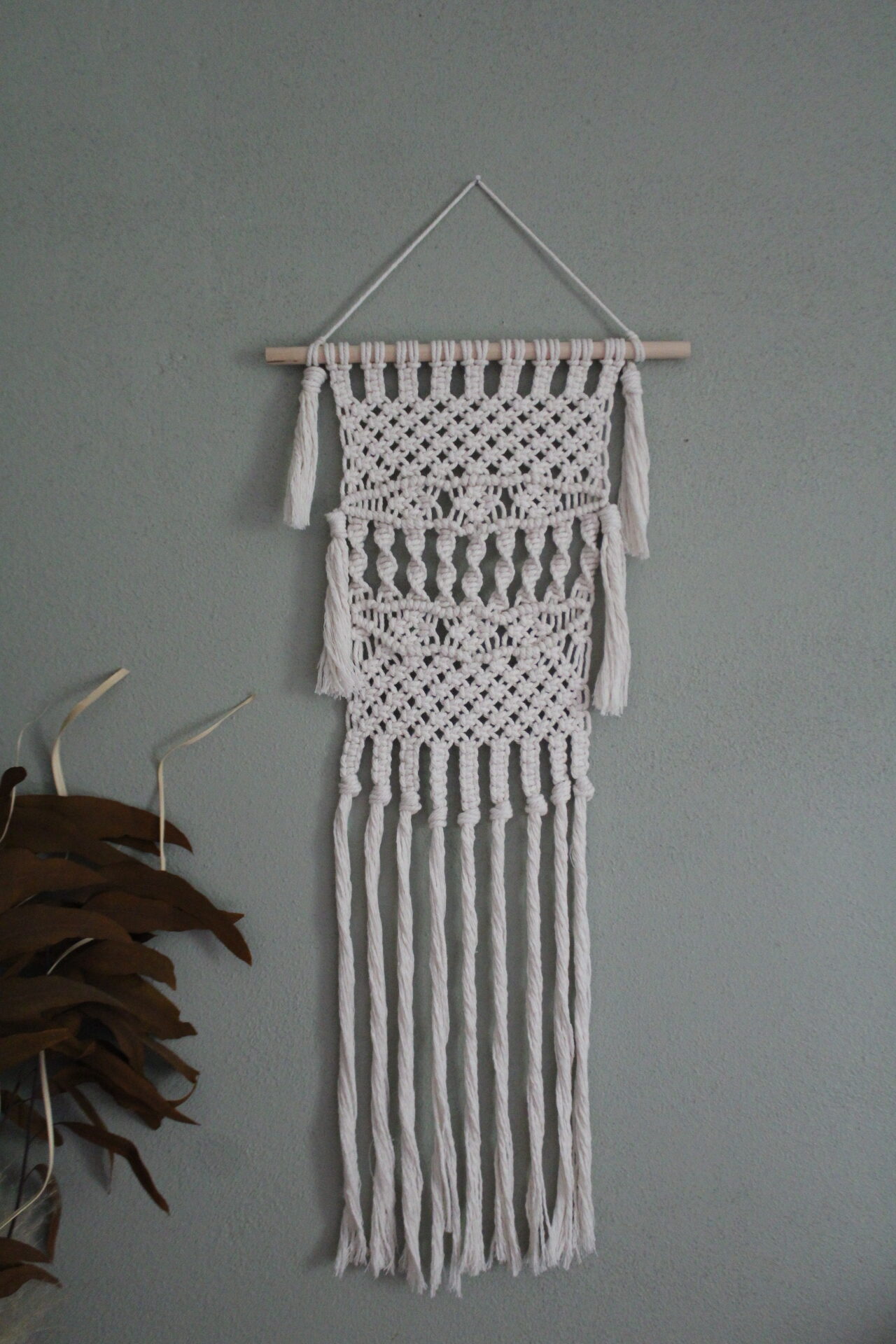 Boho Macrame Wall Hanging on Wooden Dowl